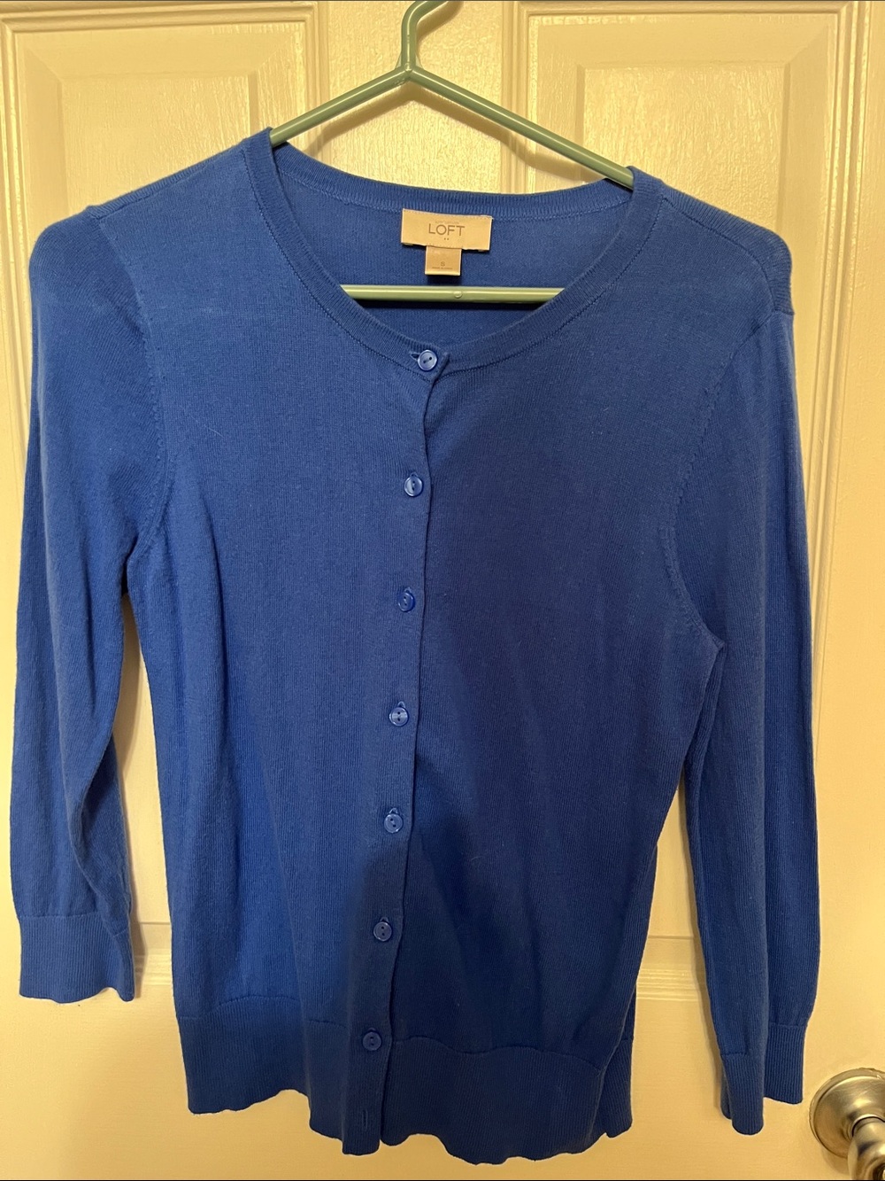 LOFT Blue Button-Front Crewneck Cardigan